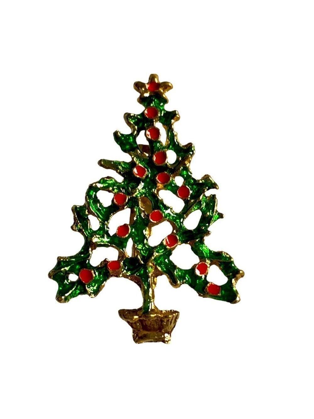CHRISTMAS Tree Pin Brooch - Green & Red Gold Tone - Picture 2 of 5